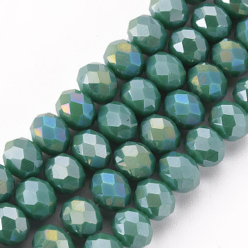 Electroplate Glass Beads Strands, Opaque Solid Color, AB Color Plated, Faceted, Rondelle, Dark Cyan, 8x6mm, Hole: 1mm, about 63~65pcs/strand, 39~40cm