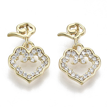 Brass Micro Pave Cubic Clear Zirconia Charms, Nickel Free, Heart, Real 18K Gold Plated, Clear, 14x9x1mm, Hole: 1x2.5mm