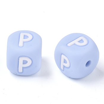 Food Grade Eco-Friendly Silicone Beads, Horizontal Hole, Chewing Beads For Teethers, DIY Nursing Necklaces Making, Letter Style, Cube, Light Sky Blue, Letter.P, 10x10x10mm, Hole: 2mm