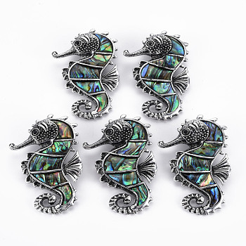 Sea Horse Shape Natural Abalone Shell/Paua Shell Brooch Pin, Alloy Lapel Pin for Backpack Clothing, Lead Free & Cadmium Free, Antique Silver, Colorful, 59x39~43x11mm, Hole: 5x3mm, Pin: 0.6mm