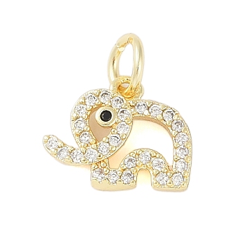 Rack Plating Brass Cubic Zirconia Charms, with Jump Ring, Long-Lasting Plated, Lead Free & Cadmium Free, Elephant, Real 18K Gold Plated, 9.5x11.5x2.5mm, Hole: 3mm