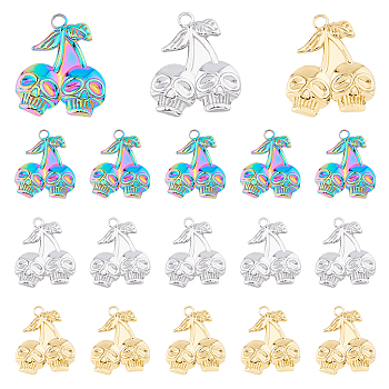 18Pcs 3 Colors Ion Plating(IP) 304 Stainless Steel Pendants, Skull Charm, Mixed Color, 25x21.5x3mm, Hole: 3mm, 6pcs/color