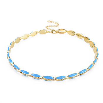 Brass Micro Pave Cubic Zirconia Link Tennis Necklaces for Women, with Enamel, Nickel Free, Real 18K Gold Plated, Oval, Deep Sky Blue, 34x0.7cm