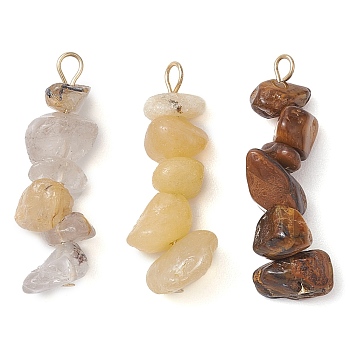 Gradient Color Natural Citrine & Natural Tiger Eye & Natural Gold Rutilated Quartz Chip Beaded Pendants, with 304 Stainless Steel Loops, Golden, 28~34x7~10x7~10mm, Hole: 2x3mm, 3pcs/set