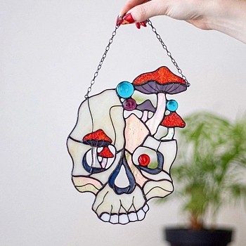 Halloween Stained Acrylic Skull with Mushroom Art Window Planel, for Suncatchers Window Home Hanging Ornaments, White, 150x150mm