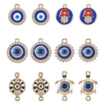 DIY Evil Eye Jewelry Making Finding Kit, Including Alloy Crystal Rhinestone & Connector Charms, Flat Round & Tortoise, Light Gold, 13~24.5x14~23x1.5~4.5mm, Hole: 1.4~2.5mm, 24Pcs/box