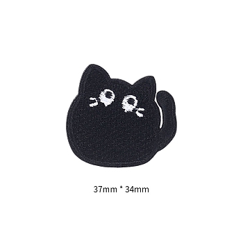 Computerized Embroidery Cloth Self Adhesive Patches, Stick On Patch, Costume Accessories, Appliques, Cat Shape, Black, 37x34mm