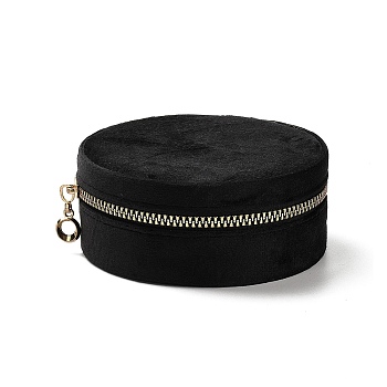 Round Velvet Jewelry Storage Zipper Boxes, Portable Travel Jewelry Case for Rings Earrings Bracelets Storage, Black, 10.5x4.5cm