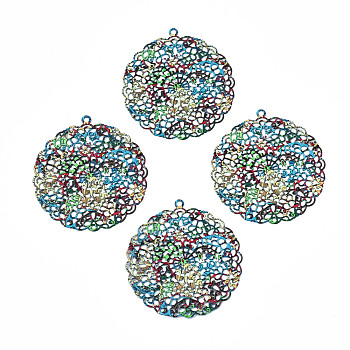 430 Stainless Steel Pendants, Spray Painted, Etched Metal Embellishments, Flat Round with Plant Pattern, Blue, 42.5x39.5x0.3mm, Hole: 1.8mm