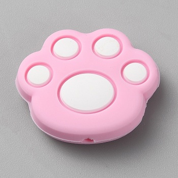 Cat Paw Print Food Grade Eco-Friendly Silicone Focal Beads, Chewing Beads For Teethers, DIY Nursing Necklaces Making, Pink, 23.5x28x8.5mm, Hole: 2mm