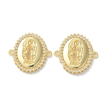 Rack Plating Brass Cubic Zirconia Virgin Mary Oval Connector Charms, Long-Lasting Plated, Lead Free & Cadmium Free, Real 18K Gold Plated, Clear, 25x25.5x3mm, Hole: 1.5mm