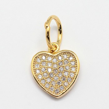 CZ Brass Micro Pave Cubic Zirconia Flat Heart Charms, Golden, 16x11x2mm, Hole: 5.5mm