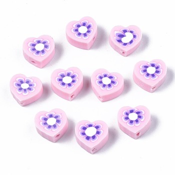 Handmade Polymer Clay Beads, Heart with Flower Pattern, Pink, 9x9~10x4~5mm, Hole: 1.5mm