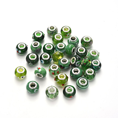 Green Rondelle Lampwork+Brass Core European Beads