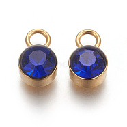 Glass Rhinestone Charms, September Birthstone Charms, with Golden Tone 201 Stainless Steel Findings, Flat Round, Sapphire, 10x6x4mm, Hole: 2.3mm(X-STAS-F189-B06)