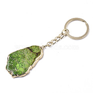 Natural Regalite/Imperial Jasper/Sea Sediment Jasper Keychain, with Golden Plated Edge & Light Gold Stainless Steel Split Key Rings, Dyed, Nuggets, Yellow Green, 92~110mm(G-N0326-002D)