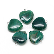 Natural Brazilian Agate Pendants, Dyed & Heated, with Iron Findings, Heart, Platinum, Teal, 22x20x6mm, Hole: 1.5mm(G-S262-01C)