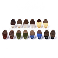 Resin & Walnut Wood Stud Earring Findings, with 304 Stainless Steel Pin, Oval, Mixed Color, 16x9mm, Hole: 1.8mm, Pin: 0.7mm(MAK-N032-010A)