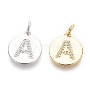 Brass Micro Pave Cubic Zirconia Pendants, Lead Free & Cadmium Free, Flat Round with Letter, Mixed Color, Letter.A, 17.5x15x1.5mm, Hole: 3mm(ZIRC-E152-06A-RS)