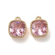 Brass Micro Pave Clear Cubic Zirconia Charms, Real 18K Gold Plated, Cube, Pink, 7x8.5x3.5mm, Hole: 1mm(KK-B110-01G-04)