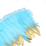 Golden Plated Goose Feather Cloth Strand Costume Accessories, Dyed, Sky Blue, 150~180x4mm, about 2m/bag(FIND-T014-01H)