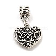 Rack Plating Tibetan Style Alloy Heart European Dangle Charms, Hollow Large Hole Pendants, Antique Silver, 28mm, Hole: 5mm, Heart: 16x17.5x3mm(FIND-B034-40AS)