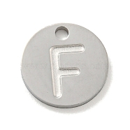 304 Stainless Steel Pendants, Laser Cut, Flat Round with Letter Charm, Stainless Steel Color, Letter F, 10x1mm, Hole: 1.4mm(FIND-M017-02P-F)