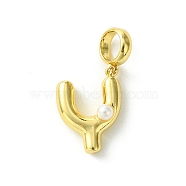 Rack Plating Brass with ABS Plastic Pearl European Dangle Charms, Large Hole Pendants, Long-Lasting Plated, Lead Free & Cadmium Free, Real 18K Gold Plated, Letter Y, 23mm long, hole: 5mm, pendant: 15x11x5mm(KK-G501-02Y-G)