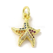 Brass Micro Pave Cubic Zirconia Charms, Real 18K Gold Plated, Starfish Charms, Colorful, 14.5x12x3mm, Hole: 3mm(KK-M283-22C-02)