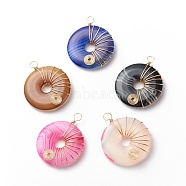 Natural Striped Agate/Banded Agate Pendants, Dyed, with Eco-Friendly Copper Wire Wrapped, Donut/Pi Disc Charm, Mixed Color, Real 18K Gold Plated, 36x30x5mm, Hole: 4mm(PALLOY-JF01818-01)