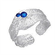 SHEGRACE Adjustable Rhodium Plated 925 Sterling Silver Cuff Rings, Open Rings, Wide Band Rings, with Grade AAA Cubic Zirconia, Hammered, Blue, Platinum, US Size 6(16.5mm)(JR843A)