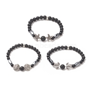 3Pcs 3 Style Natural Lava Rock & Black Onyx Beaded Stretch Bracelets Set, Starfish & Tortoise & Shell Alloy Stackable Bracelets for Women, Inner Diameter: 2 inch(5.2cm), 1Pc/style(BJEW-JB09237)