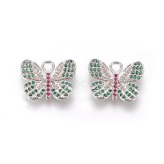 Brass Micro Pave Cubic Zirconia Pendants, Butterfly, Colorful, Platinum, 14x17x2mm, Hole: 3x2mm(ZIRC-L075-16A-P)