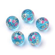 Printed Glass Beads, Round with Flower Pattern, Dodger Blue, 11~12x11mm, Hole: 1.5mm(GFB-Q001-12mm-E08)