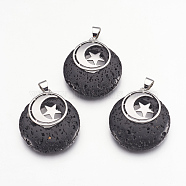 Natural Lava Rock Pendants, with Platinum Tone Brass Findings, Flat Round with Moon and Star, Dyed, 32x28x7mm, Hole: 4x5mm(KK-F751-F09)