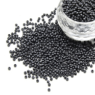 12/0 Grade A Round Glass Seed Beads, Metallic Colours, Matte Style, Black Plated, 12/0, 2x1.5mm, Hole: 0.8mm, about 30000pcs/bag(SEED-Q008-M606)