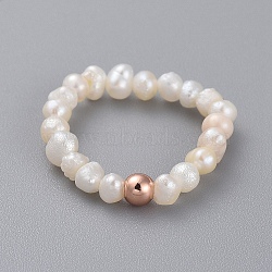 Natural Cultured Freshwater Pearl Finger Rings, with Brass Round Beads and Elastic Crystal Thread, Rose Gold, Size 6, 16mm(RJEW-JR00295-04)