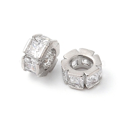 Brass Micro Pave Cubic Zirconia Beads, Flat Round, Real Platinum Plated, 6.5x3.5mm, Hole: 3.5mm(KK-P234-34P)