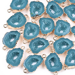 Electroplate Druzy Resin Links connectors, with Iron Findings, Nuggets, Light Gold, Teal, 26x15~16x6~7mm, Hole: 1mm(RESI-S366-06D)
