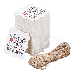 Paper Tapes, with Hemp Ropes, Word Pattern Hug & Kisses From the New Mr & Mrs, White, 62x62x0.5mm, Hole: 5mm, 100pcs(DIY-WH0204-84)