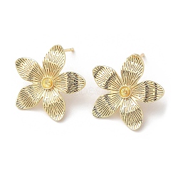 Brass Stud Earrings Findings, for Half Drilled Bead, with Vertical Loops, Flower, Real 18K Gold Plated, 21mm, Hole: 1.2mm, Pin: 0.8mm(KK-F862-33G)