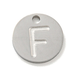 Non-Tarnish 304 Stainless Steel Pendants, Laser Cut, Flat Round with Letter Charm, Stainless Steel Color, Letter F, 10x1mm, Hole: 1.4mm(FIND-M017-02P-F)