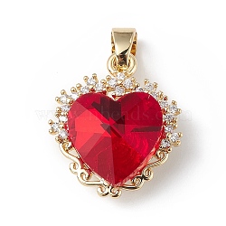 Real 18K Gold Plated Rack Plating Brass Micro Pave Clear Cubic Zirconia Pendants, with Glass, Long-Lasting Plated, Cadmium Free & Lead Free,  Heart Charm, Red, 20x17x8mm, Hole: 5x3mm(KK-C015-05G-02)