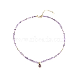 Cubic Zirconia Teardrop Pendant Necklace with Natural Amethyst Beaded Chains, Gemstone Jewelry for Women, Indigo, 16.06 inch(40.8cm)(NJEW-JN04121-02)