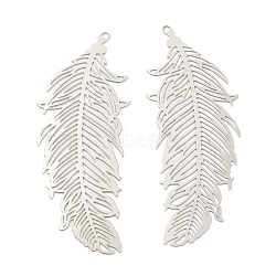 201 Stainless Steel Filigree Pendants, Etched Metal Embellishments, Feather Charm, Stainless Steel Color, 47x18.5x0.2mm, Hole: 1.2mm(STAS-K257-18P)