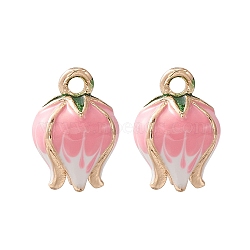 2Pcs Brass Enamel Charms, Light Gold, Bud Charm, Hot Pink, 13x9mm, Hole: 1.5mm(KK-YW0001-81)