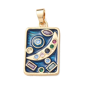 Brass Micro Pave Colorful Cubic Zirconia Pendants, with Blue Enamel, Rectangle with Moon Charms, Real 18K Gold Plated, 27x16x2.5mm, Hole: 6.5x3.5mm