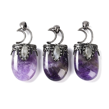 Natural Amethyst Pendants, Moon Charms, with Rack Plating Anstique Silver Plated Brass Findings, Lead Free & Cadmium Free, 43.5~45x20~22x14.5~15.5mm, Hole: 6.5x5mm