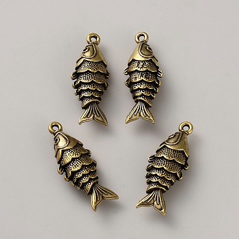 Tibetan Styles Alloy Pendants, Fish Charms, Antique Bronze, 38x15x9.5mm, Hole: 2mm