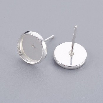 304 Stainless Steel Stud Earring Findings, Flat Round, Silver Color Plated, Tray: 8mm, 10x2mm, Pin: 0.8mm